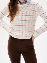 Ażurowy sweter w paski - kremowy. Białe swetry damskie Sinsay, l, w ażurowe wzory, bez kołnierzyka, bez ramiączek, bez kaptura. Za 39.99 zł.