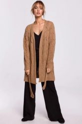 Długi kardigan ażurowy sweter z paskiem beżowy. Brązowe kardigany damskie MOE, l, w ażurowe wzory, z dzianiny, biznesowe, długie. Za 249.00 zł.
