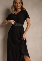 Czarna Rozkloszowana Sukienka z Bawełny Zdobiona Guzikami Folennea. Czarne sukienki damskie Renee, na co dzień, l, z aplikacjami, z bawełny, eleganckie, bez kołnierzyka, bez ramiączek, midi, rozkloszowane. Za 54.99 zł.