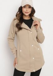 Ciemnobeżowa Długa Bluza z Bawełną i Kapturem Zapinana na Napy Corida. Brązowe bluzy damskie Born2be, s, bez wzorów, z bawełny, z kapturem. Za 59.99 zł.