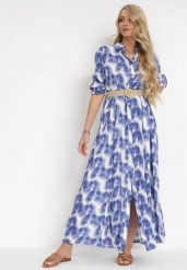 Niebieska Rozkloszowana Sukienka Maxi z Plecionym Paskiem i Wsuwanymi Kieszeniami Suttyn. Niebieskie sukienki damskie Born2be, na lato, l, bez wzorów, bez kołnierzyka, bez ramiączek, maxi, koszulowe. Za 129.99 zł.