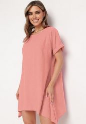 Beżowa Tunika Sukienka z Krótkim Rękawem i Asymetrycznym Dołem Fianda. Czerwone bluzki damskie Born2be, xl, bez wzorów, eleganckie, z asymetrycznym kołnierzem, bez ramiączek. Za 39.99 zł.