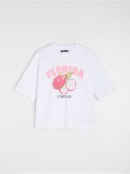 Bawełniana koszulka z nadrukiem owocowym - biały. Białe t-shirty damskie Sinsay, l, bez wzorów, z bawełny, bez kołnierzyka. Za 25.99 zł.