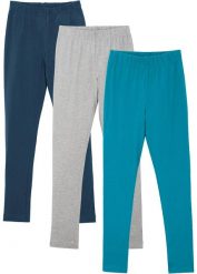Legginsy z elastycznej mieszanki bawełny (3 pary). Niebieskie legginsy dla dziewczynek bonprix, bez wzorów, z bawełny. Za 99.99 zł.