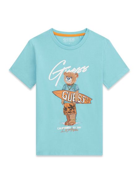 Guess T-Shirt L6GI09 K8HM4 Niebieski Regular Fit. Niebieskie t-shirty dla chłopców Guess, z aplikacjami, z bawełny, bez ramiączek. Za 102.99 zł.