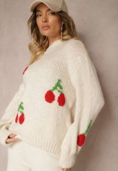 Jasnobeżowy Prosty Sweter z Domieszką Wełny Ozdobiony Wiśniową Aplikacją Balrinna. Brązowe swetry damskie Renee, z aplikacjami, z jeansu, casualowe, bez kołnierzyka, bez ramiączek, bez kaptura. Za 119.99 zł.