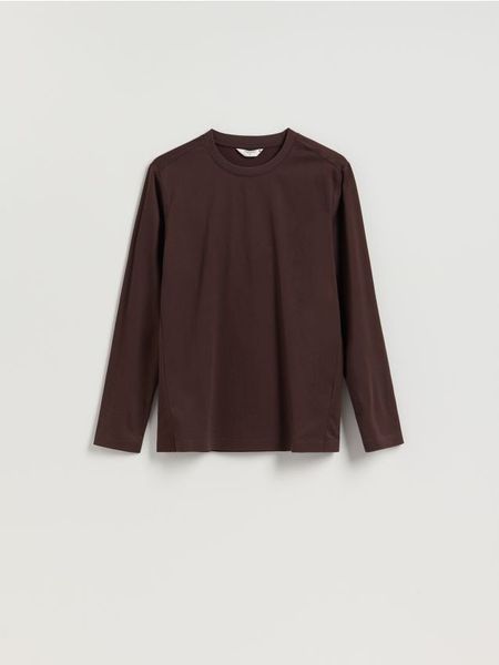 Longsleeve regular z przeszyciami - ciemnobrązowy. Brązowe bluzki z długim rękawem męskie Reserved, l, bez wzorów, z bawełny, bez kołnierzyka. Za 99.99 zł.