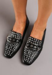 Czarne Mokasyny z Ćwiekami na Kwadratowym Nosku Rosabell. Czarne mokasyny damskie Born2be, z jeansu, eleganckie. Za 29.99 zł.