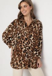 Brązowo-Czarna Koszula o Kroju Oversize w Panterkę Sihanis. Brązowe bluzki damskie Born2be, bez wzorów, z jeansu, eleganckie, bez kołnierzyka, bez ramiączek. Za 54.99 zł.