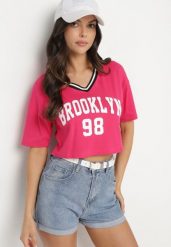 Fuksjowy Bawełniany T-shirt z Napisem Nitanelia. Czerwone bluzki damskie Born2be, m, bez wzorów, z bawełny, bez kołnierzyka. Za 29.99 zł.