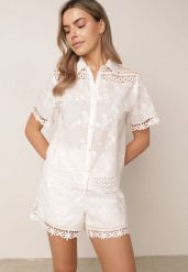 Biały Bawełniany Komplet w Stylu Boho Koszula i Szorty z Haftem Lephine. Białe szorty damskie Born2be, na lato, l, w ażurowe wzory, z bawełny, boho. Za 219.99 zł.