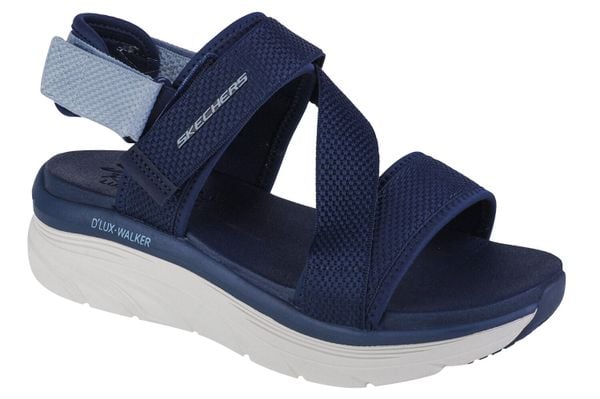 Sandały damskie, Skechers D'Lux Walker Kind Mind. Niebieskie sandały damskie Skechers, bez wzorów, z materiału, bez obcasa, bez zapięcia. Za 299.99 zł.