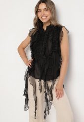 Czarna Koszula z Ozdobnymi Falbanami Adoria. Czarne bluzki damskie Born2be, na lato, m, bez wzorów, eleganckie, bez kołnierzyka, bez ramiączek. Za 139.99 zł.