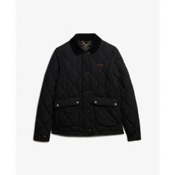 Damska kurtka puchowa Superdry Cord Trimmed Liner. Czarne kurtki damskie Superdry., bez wzorów, z puchu, bez kaptura. Za 565.50 zł.