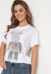 Biały T-shirt Koszulka z Bawełny z Ozdobnymi Cyrkoniami Risani. Białe bluzki damskie Born2be, bez wzorów, z bawełny, eleganckie, bez kołnierzyka, bez ramiączek. Za 54.99 zł.