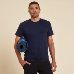 Męska Koszulka Do Jogi Naturalne Materiały Niebieska. Niebieskie koszulki sportowe męskie KIMJALY, m, bez wzorów, z bawełny, bez kołnierzyka, bez ramiączek, na jogę i pilates. W wyprzedaży za 49.99 zł.