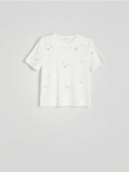 T-shirt regular z aplikacjami - biały. Białe t-shirty damskie Reserved, l, z aplikacjami, z bawełny, bez kołnierzyka. W wyprzedaży za 39.99 zł.