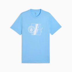 Koszulka sportowa męska Puma MCFC FTBLULTURE 78267101. Niebieskie koszulki sportowe męskie Puma, m, bez wzorów, z materiału, bez kołnierzyka, bez ramiączek, do piłki nożnej. Za 98.58 zł.