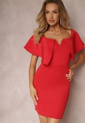 Czerwona Dopasowana Sukienka z Szeroką Falbaną Miskli. Czerwone sukienki damskie Renee, m, bez wzorów, eleganckie, bez kołnierzyka, bez ramiączek, mini, dopasowane. Za 99.99 zł.