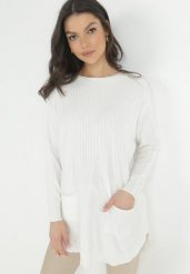 Biały Długi Sweter z Kieszeniami Mauvi. Białe swetry damskie Born2be, s, bez wzorów, z dzianiny, bez kołnierzyka, bez ramiączek, długie, bez kaptura. Za 34.99 zł.