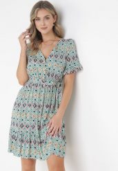 Zielona Wiskozowa Sukienka Mini z Gumką i Materiałowym Paskiem w Pasie Upshaw. Zielone sukienki damskie Born2be, na co dzień, l, bez wzorów, z materiału, bez kołnierzyka, bez ramiączek, mini, proste. Za 64.99 zł.