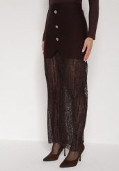 Brązowa Dzianinowa Spódnica z Wiskozą Zdobiona Koronką i Guzikami Sewora. Brązowe spódnice damskie Born2be, m, z aplikacjami, z dzianiny, klasyczne, maxi, oversize. Za 129.99 zł.