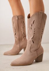 Ciemnobeżowe Ażurowe Botki Kowbojki VICES na Słupku Falenatea. Brązowe botki damskie Renee, na wiosnę, z jeansu, eleganckie, bez obcasa, na obcasie, bez zapięcia. Za 179.99 zł.