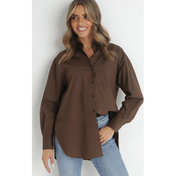 Ciemnobrązowa Koszula Doriemara. Brązowe bluzki damskie Born2be, l, bez wzorów, bez kołnierzyka, bez ramiączek. Za 99.99 zł.