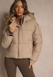 Beżowa Kurtka Puffer z Pikowaniem Kapturem i Kieszonką przy Rękawie Galeida. Brązowe kurtki damskie Renee, l, bez wzorów, z jeansu. Za 179.99 zł.