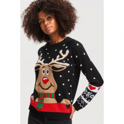 Sweter ze świątecznym motywem - Czarny. Czarne swetry damskie Reserved. Za 79.99 zł.