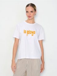 Bawełniana koszulka z napisem La Playa - biały. Białe t-shirty damskie Sinsay, l, bez wzorów, z bawełny, bez kołnierzyka. Za 19.99 zł.