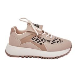 Buty Sportowe Sneakersy Damskie Na Platformie Panterka Beżowe beżowy. Brązowe obuwie sportowe damskie bez wzorów, trekkingowe. Za 163.66 zł.