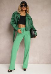 Zielone Szerokie Jeansy z Bawełnianej Tkaniny Plumeti High Waist Rrisa. Zielone jeansy damskie Renee, z podwyższonym stanem. Za 59.99 zł.