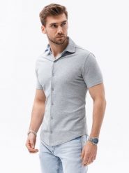 Koszula męska dzianinowa z krótkim rękawem - szara V5 - Rozmiar: XL. Szare koszule męskie Ombre Clothing, m, bez wzorów, z dzianiny, bez kołnierzyka, bez ramiączek. W wyprzedaży za 49.99 zł.
