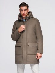 Męski płaszcz parka z wełną i kapturem - khaki V2 - Rozmiar: M. Brązowe płaszcze męskie Ombre Clothing, m, bez wzorów, z materiału, eleganckie, z kapturem. W wyprzedaży za 389.99 zł.