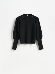 Sweter z domieszką wełny - czarny. Czarne swetry damskie Reserved, l, bez wzorów, z dzianiny, bez kołnierzyka, bez ramiączek, bez kaptura. Za 139.99 zł.
