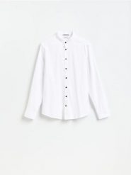 Koszula super slim fit - biały. Białe koszule męskie Reserved, l, bez wzorów, z bawełny, bez kołnierzyka, bez ramiączek. Za 129.99 zł.