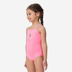 Kostium kąpielowy jednoczęściowy surfingowy dla dzieci Decathlon 100 Hanalei. Czerwone stroje kąpielowe dla dziewczynek Decathlon, bez wzorów, z elastanu. Za 39.99 zł.