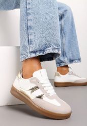 Biało-Złote Sneakersy Tenisówki na Kauczukowej Podeszwie Ondriama. Białe trampki i tenisówki damskie Born2be, bez wzorów, z kauczuku, eleganckie, bez zapięcia. Za 84.99 zł.