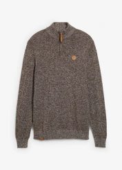 Sweter ze stójką z czystej bawełny. Brązowe swetry przez głowę męskie bonprix, m, z aplikacjami, z bawełny, bez kołnierzyka. Za 114.99 zł.