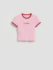 T-shirt z nadrukiem - różowy. Czerwone t-shirty damskie Reserved, l, bez wzorów, z bawełny, bez kołnierzyka. Za 39.99 zł.