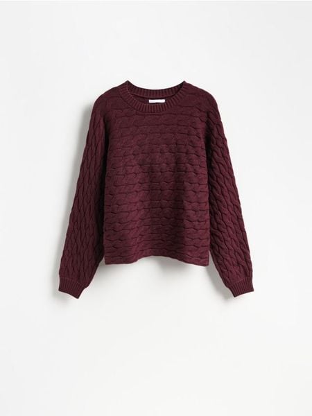 Sweter z warkoczowym splotem - bordowy. Czerwone swetry damskie Reserved, l, bez wzorów, z dzianiny, bez kołnierzyka, bez ramiączek, bez kaptura. Za 119.99 zł.