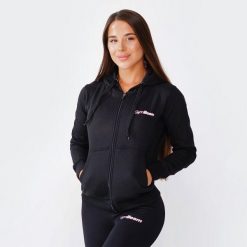 Bluza damska fitness z kapturem czarna Zipper Hoodie. Czarne bluzy damskie GYMBEAM, l, bez wzorów, z bawełny, z kapturem, na fitness i siłownię. Za 109.90 zł.