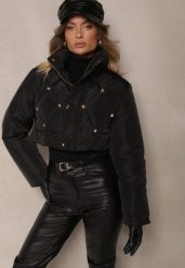 Czarna Krótka Kurtka Puffer ze Stójką i Pikowanymi Przeszyciami Ozdobiona Napami Zinovira. Czarne kurtki damskie Renee, l, bez wzorów, z jeansu, bez kaptura. Za 199.99 zł.