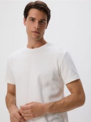 T-shirt regular ze strukturalnej dzianiny - złamana biel. T-shirty męskie Reserved, l, bez wzorów, z bawełny, bez kołnierzyka. Za 79.99 zł.