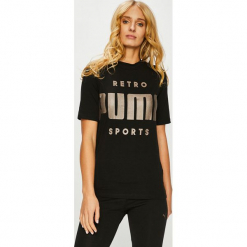 Puma - Top. Czarne topy damskie Puma, z nadrukiem, z bawełny, z krótkim rękawem. Za 159.90 zł.