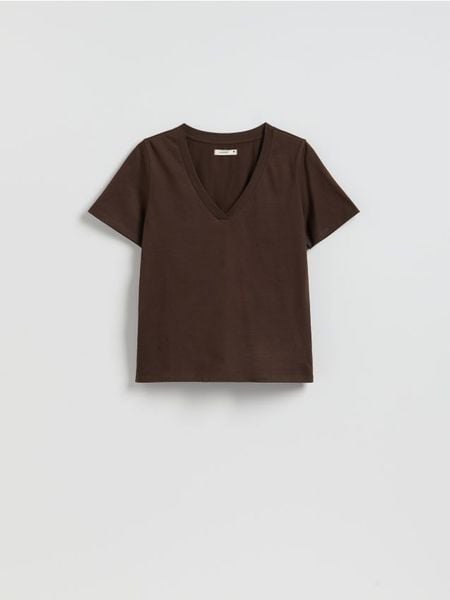 T-shirt regular z dekoltem V - ciemnobrązowy. Brązowe t-shirty damskie Reserved, l, bez wzorów, z bawełny, bez kołnierzyka. Za 35.99 zł.