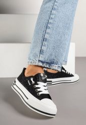 Czarne Koronkowe Trampki na Grubej Podeszwie z Cyrkoniami Nusiletia. Czarne obuwie sportowe damskie Born2be, bez wzorów, z jeansu. Za 89.99 zł.