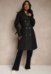 Czarny Płaszcz z Bawełną Typu Trencz z Jeansowymi Wstawkami Felsedi. Czarne płaszcze damskie Renee, l, bez wzorów, z bawełny, eleganckie, bez kaptura. Za 199.99 zł.