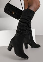 Czarne Kozaki na Słupku w Stylu Slouchy do Kolan Zeriza. Czarne kozaki damskie Renee, z jeansu, bez obcasa, na obcasie. Za 149.99 zł.